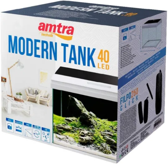AMTRO MODERN TANK, Aquarium en Verre Equipé LED et Pompe, 28L, Dimensions 42,5x23,5x36,5 cm 1 Unité (Lot de 1)