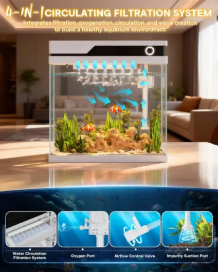 Petit Aquarium Complet 16L, Aquarium Complet avec Distributeur Automatique de Nourriture, Pompe Silencieuse 4 en 1, éclairage Réglable 8 Couleurs, Affichage de la Température et Humidificateur 16 Litres Blanc