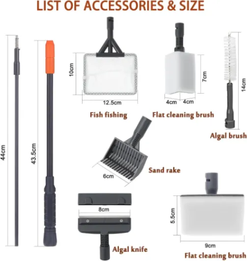 Outils de Nettoyage D'aquarium 6 en 1 avec Long Manche Télescopique, Grattoir, Filet de Pêche, Brosse de Nettoyage éponge, Râteau de Sable pour Le Nettoyage des Algues dans Les Aquariums
