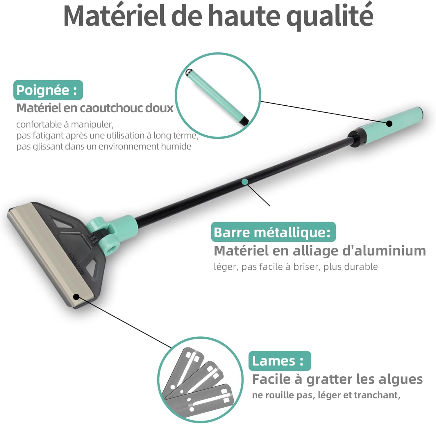 Racloir Anti-Algues,Outil de Nettoyage d'aquarium Kit - 5 Lames Acier + Brosse, Manche 50cm pour Aquariums Verre
