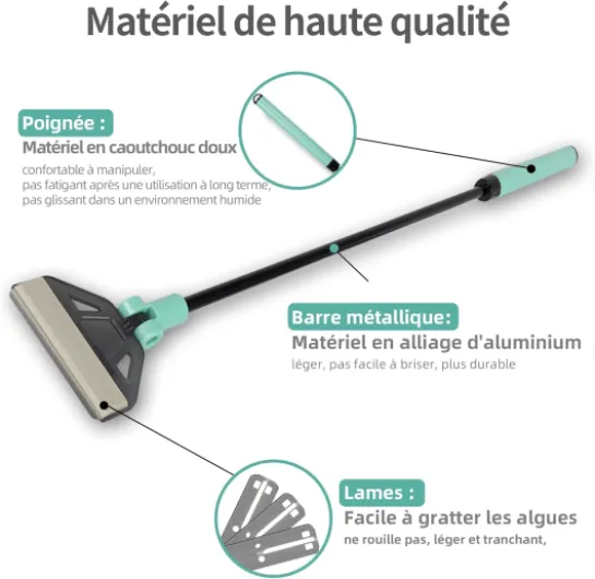Racloir Anti-Algues,Outil de Nettoyage d'aquarium Kit - 5 Lames Acier + Brosse, Manche 50cm pour Aquariums Verre