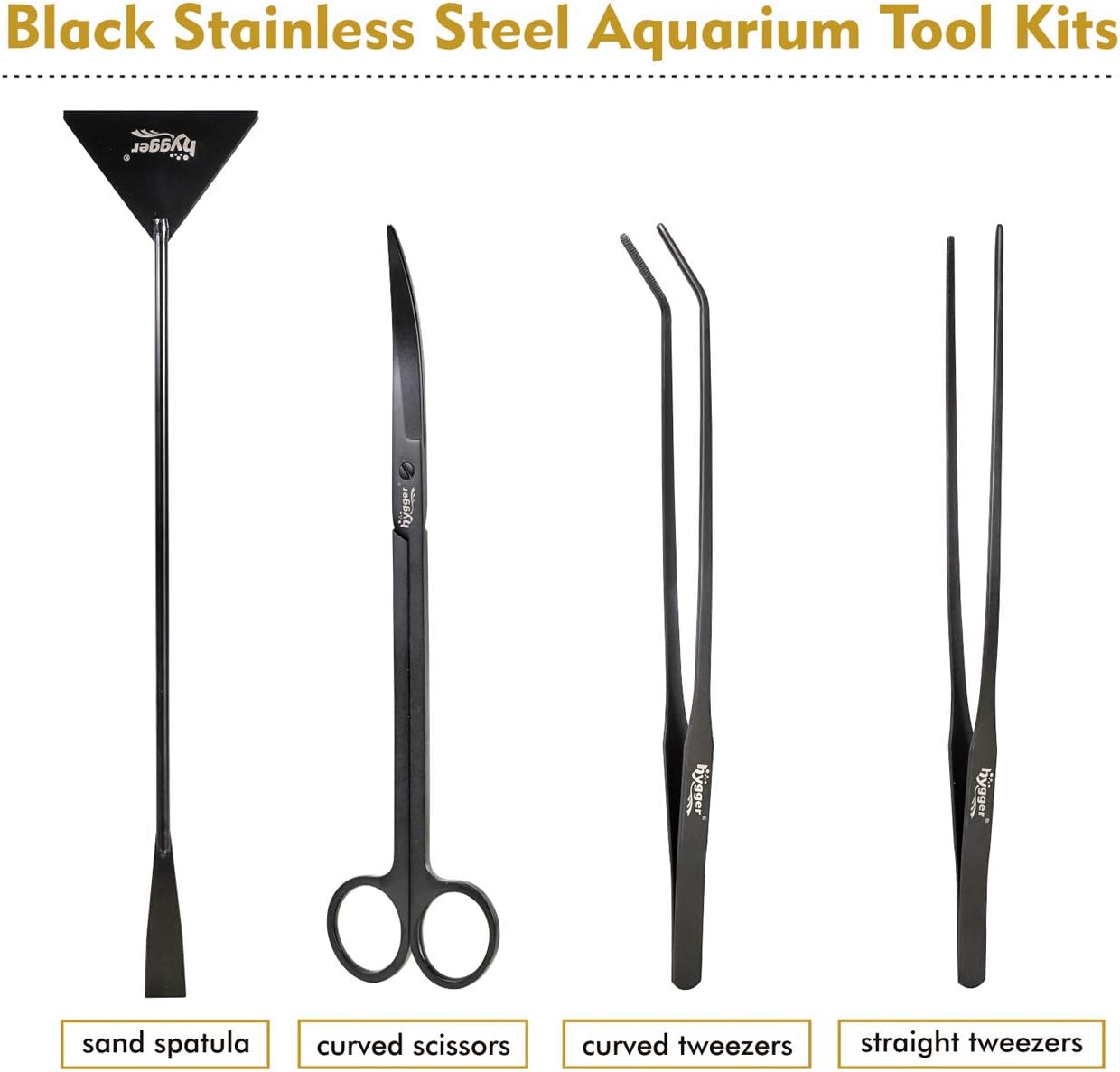 Hygger Long Outil d'Aquarium Premium en Acier Inoxydable, 4pcs Plantes Aquatiques Pincettes Ciseaux Spatule Kit avec 1 Chiffon de Nettoyage pour Aquarium Débutant