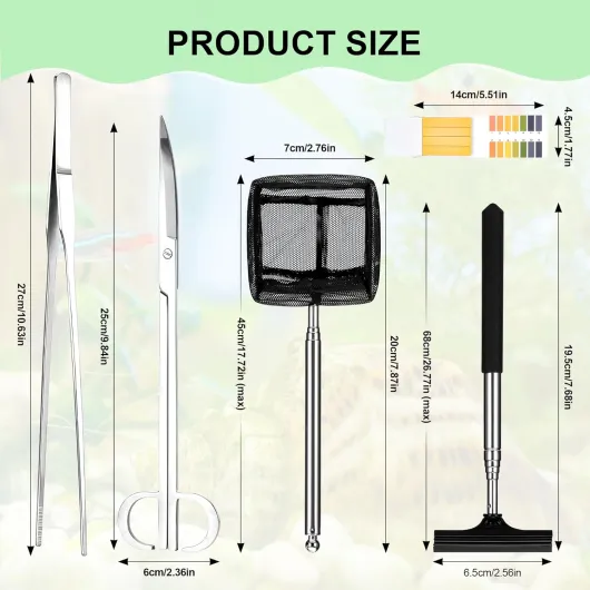 6 en 1 Aquarium Kit Outil, Acier Inoxydable Pince, Ciseau et Épuisette Aquarium, Accessoires Aquariums pour Élagage d'herbe d'eau dans Réservoir Poissons et Plantes d'Aquarium(Argenté)