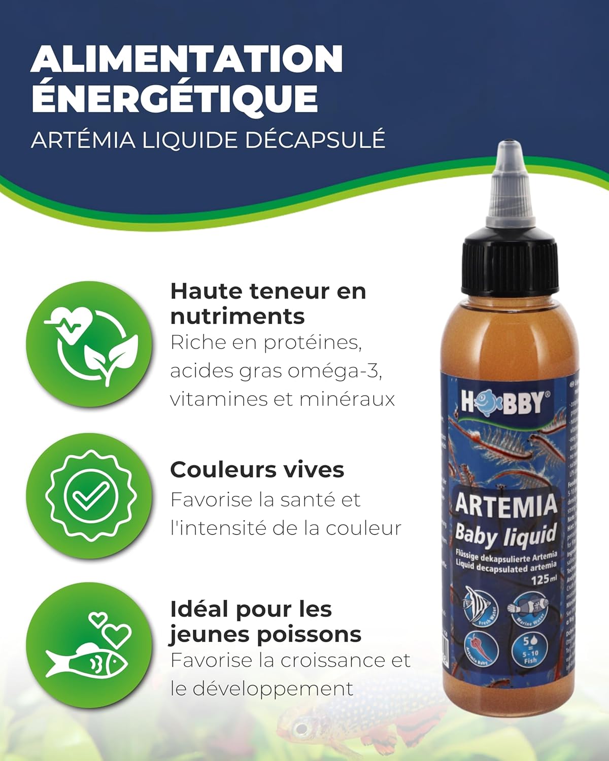 Hobby Aquaristik Artemia Baby Liquid - 125 ML - Concentré Liquide de zooplancton idéal pour l’élevage des Jeunes Poissons - Nourriture pour Poissons d’Aquarium - pour Eau Douce et Eau de mer