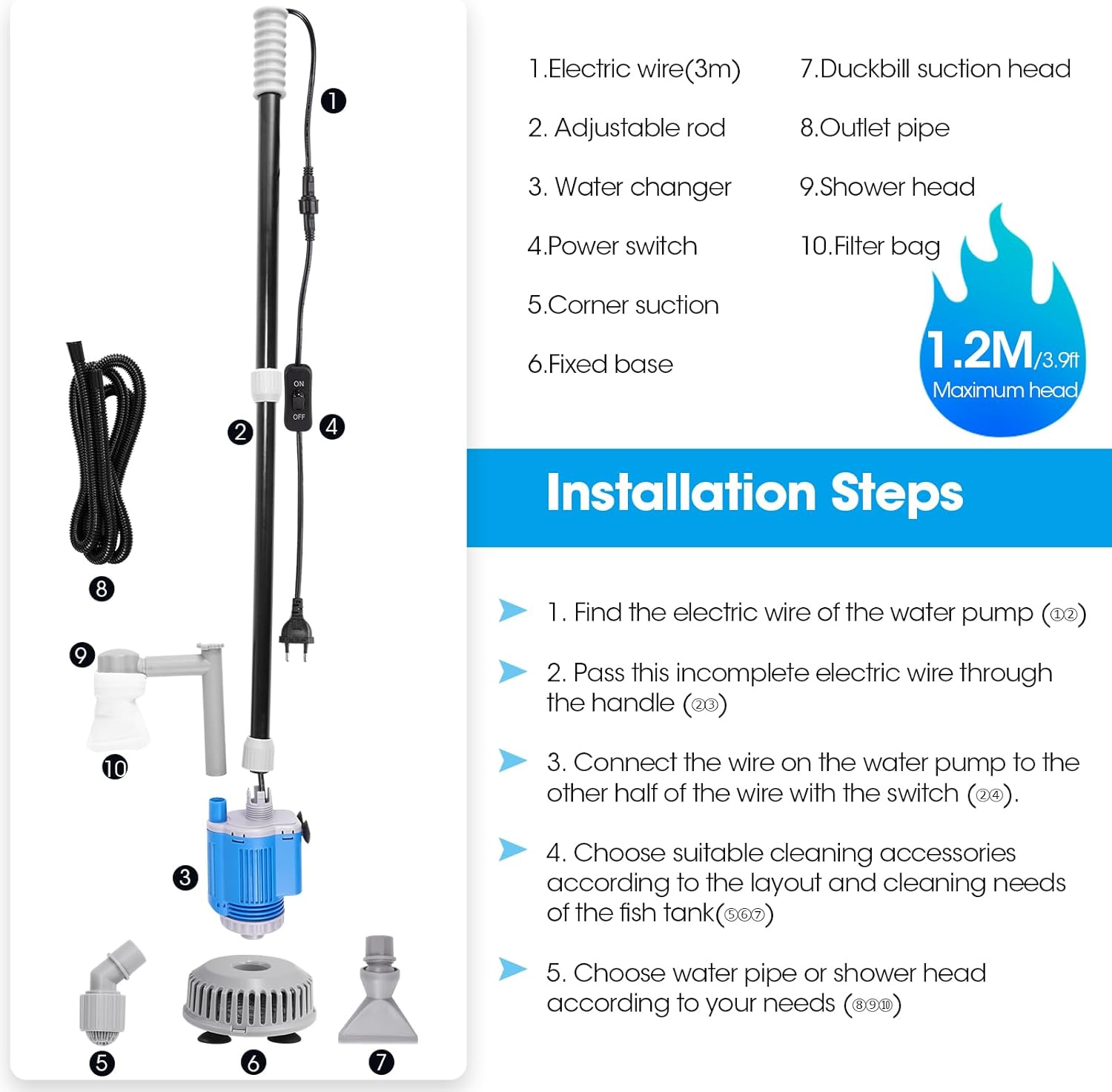 Nettoyage de Gravier pour Aquarium 6 en 1 Kit, Aspirateur Electrique pour Aquarium Changeur d'eau Laveur de Sable pour Aquariums Nettoyage des algues/Gravier