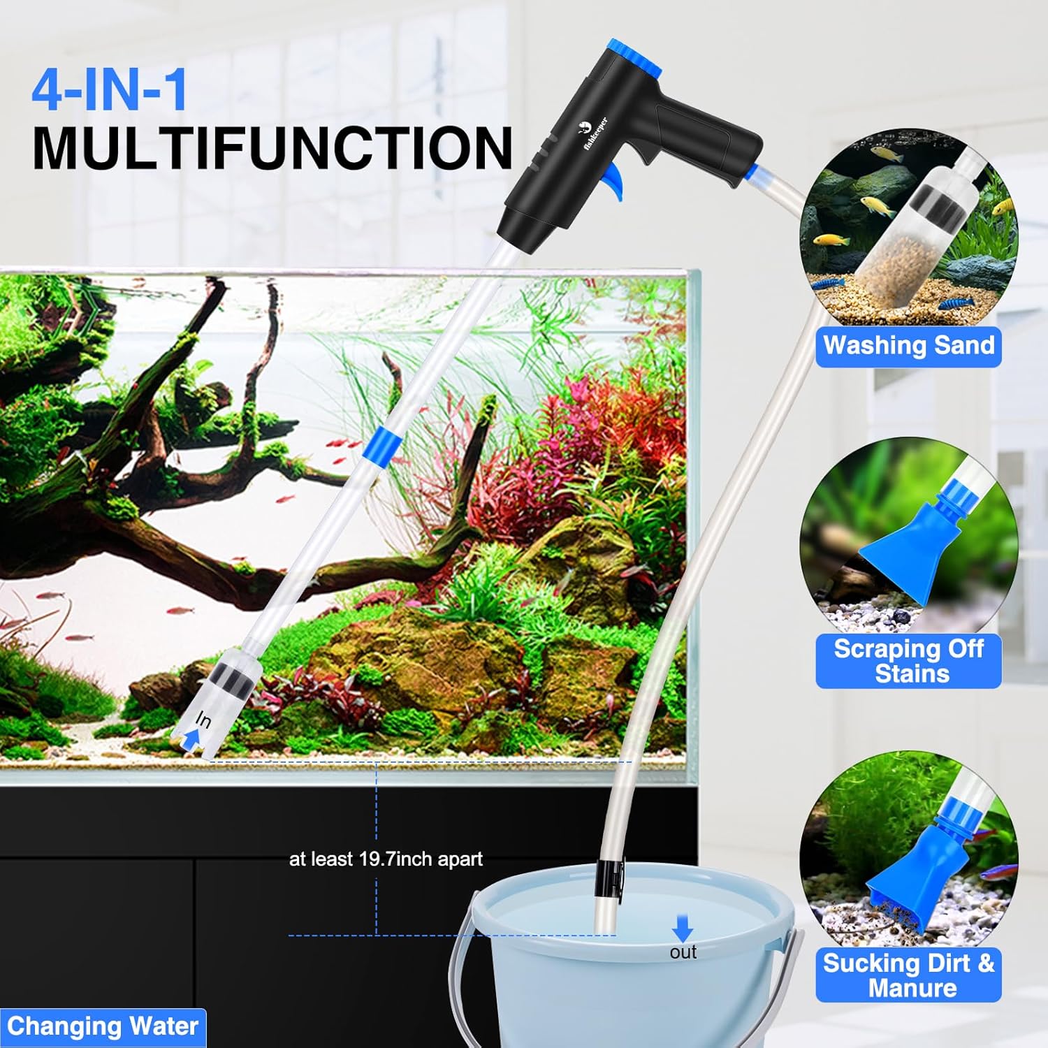 Fishkeeper Aspirateur d'aquarium 4 en 1 puissant - Kit de nettoyage réglable - Nettoyeur de sol amovible contre le colmatage - Pour le changement de l'eau, le nettoyage du sable et la circulation de 280 L/H