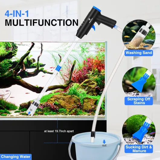 Fishkeeper Aspirateur d'aquarium 4 en 1 puissant - Kit de nettoyage réglable - Nettoyeur de sol amovible contre le colmatage - Pour le changement de l'eau, le nettoyage du sable et la circulation de 280 L/H