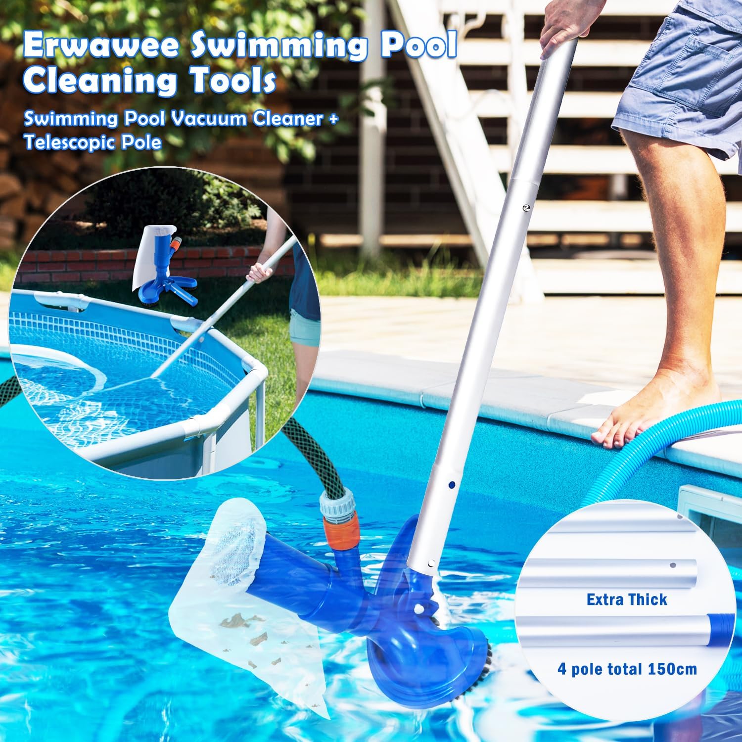 Aspirateur de Piscine Kit de Nettoyage, 1.5M Tête d'aspirateur Piscine avec Perche Télescopique,Tige en Aluminium Détachable pour Jacuzzi,Fontaine,Aquarium,étang, Kit d'entretien Piscine avec Brosse