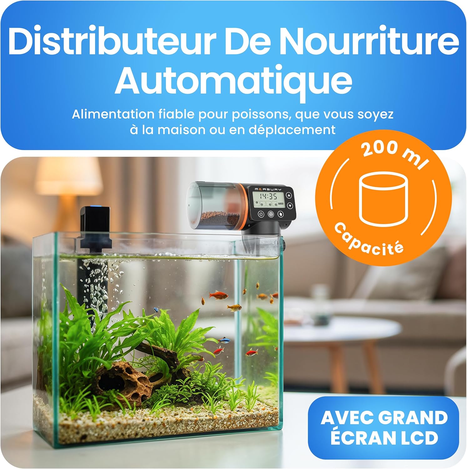 Measury Distributeur Nourriture Poisson Aquarium, Distributeur Automatique Poisson jusqu'à 4 Fois par Jour
