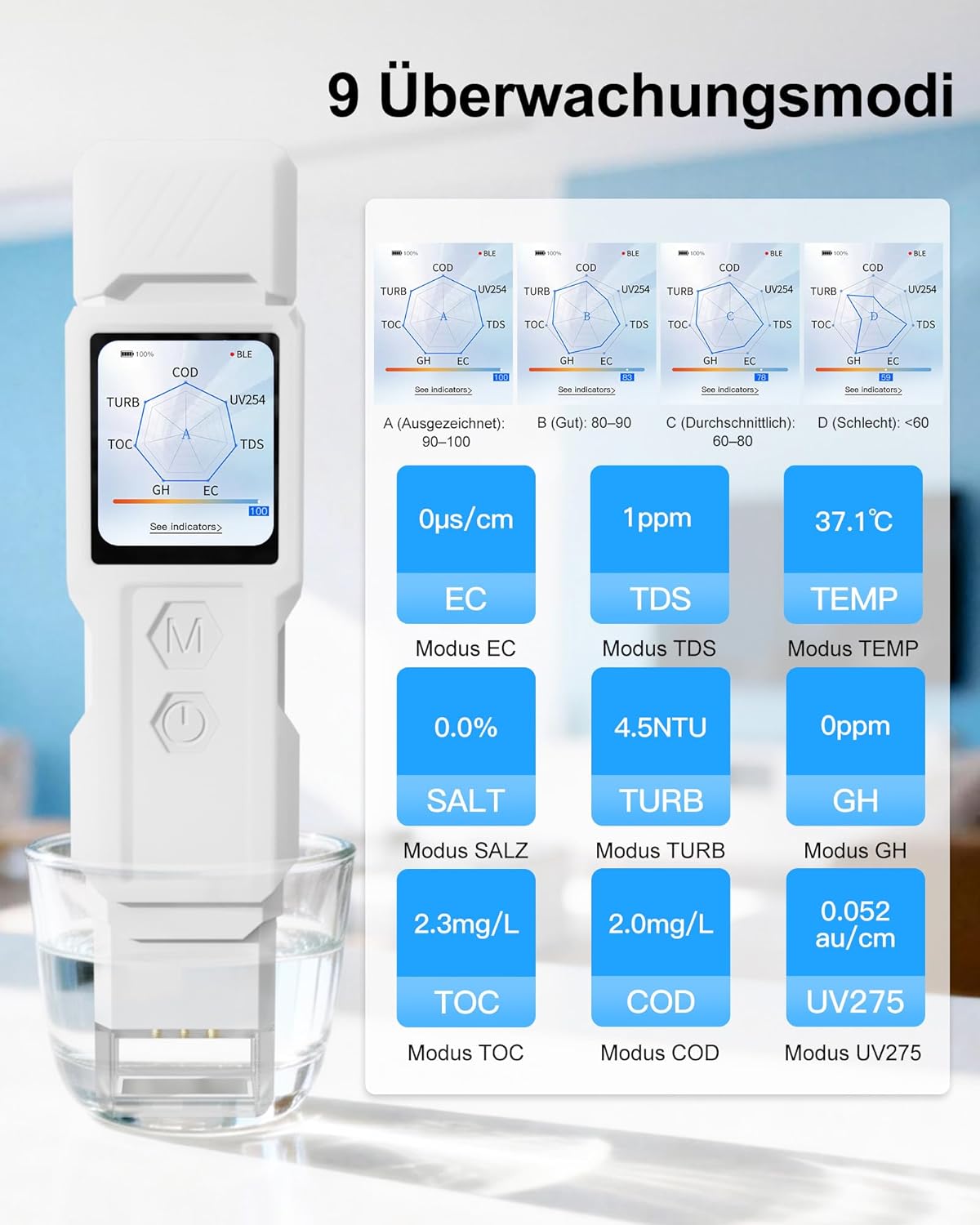 Nouveau Testeur d'Eau Intelligent 9-en-1 pour Eau Potable, Testeur Numérique d'Eau Potable pour TDS, Turbidité, EC, Température, Salinité, GH, TOC, COD, UV275, Testeur de Qualité de l'Eau pour Eau Pot