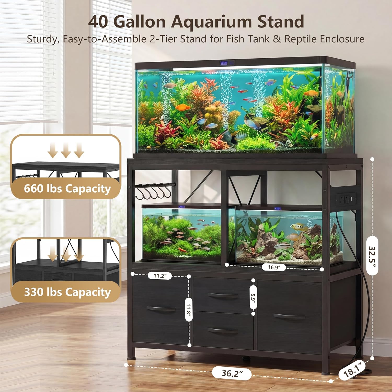 Support d'aquarium avec tiroir, prise de courant, cadre en métal robuste, pour aquarium, tortue et reptile, 91,9 x 46 cm, noir HAS004BK 40 gal noir