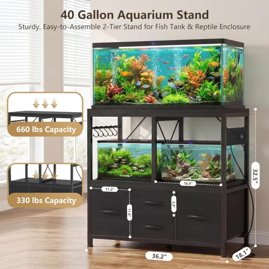 Support d'aquarium avec tiroir, prise de courant, cadre en métal robuste, pour aquarium, tortue et reptile, 91,9 x 46 cm, noir HAS004BK 40 gal noir
