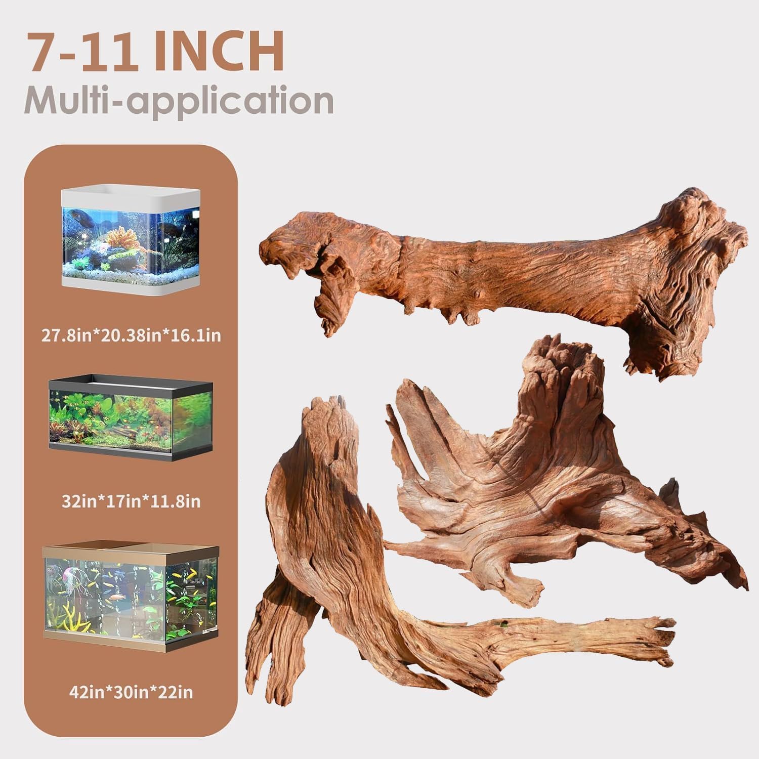 Jorewood Bois flotté Naturel pour Aquariums et terrariums de Reptiles – Décorations sûres pour Aquarium, Branches torsadées Uniques de 17,8 à 27,9 cm, tanin Bas, Facile à couler Mopani Driftwood 7 to 11 Inch (Pack of 3)