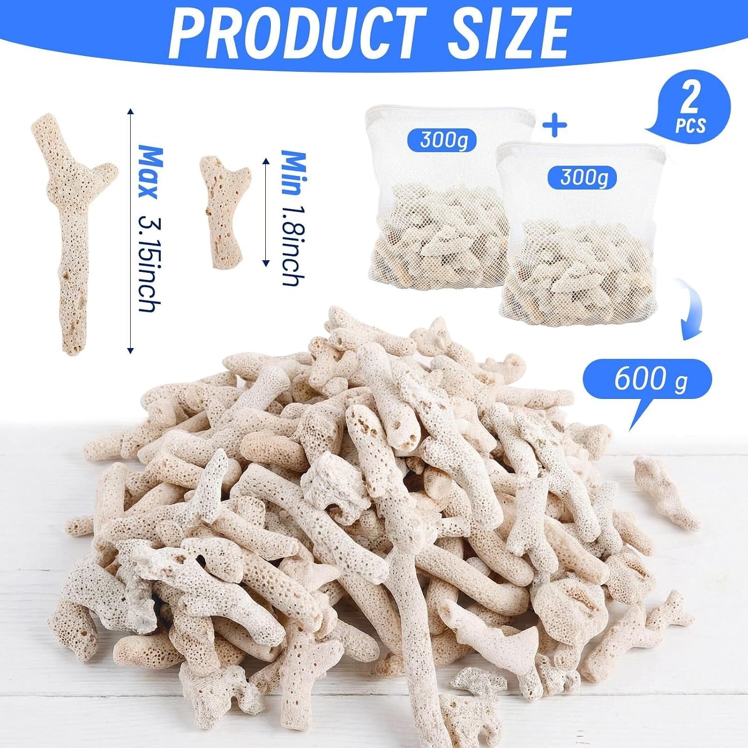 600 g de corail écrasé, adapté pour les aquariums d'eau douce, pierre de corail naturelle d'aquarium, livré avec un sac en maille et un sac filtrant biologique pour aquarium, réutilisable.