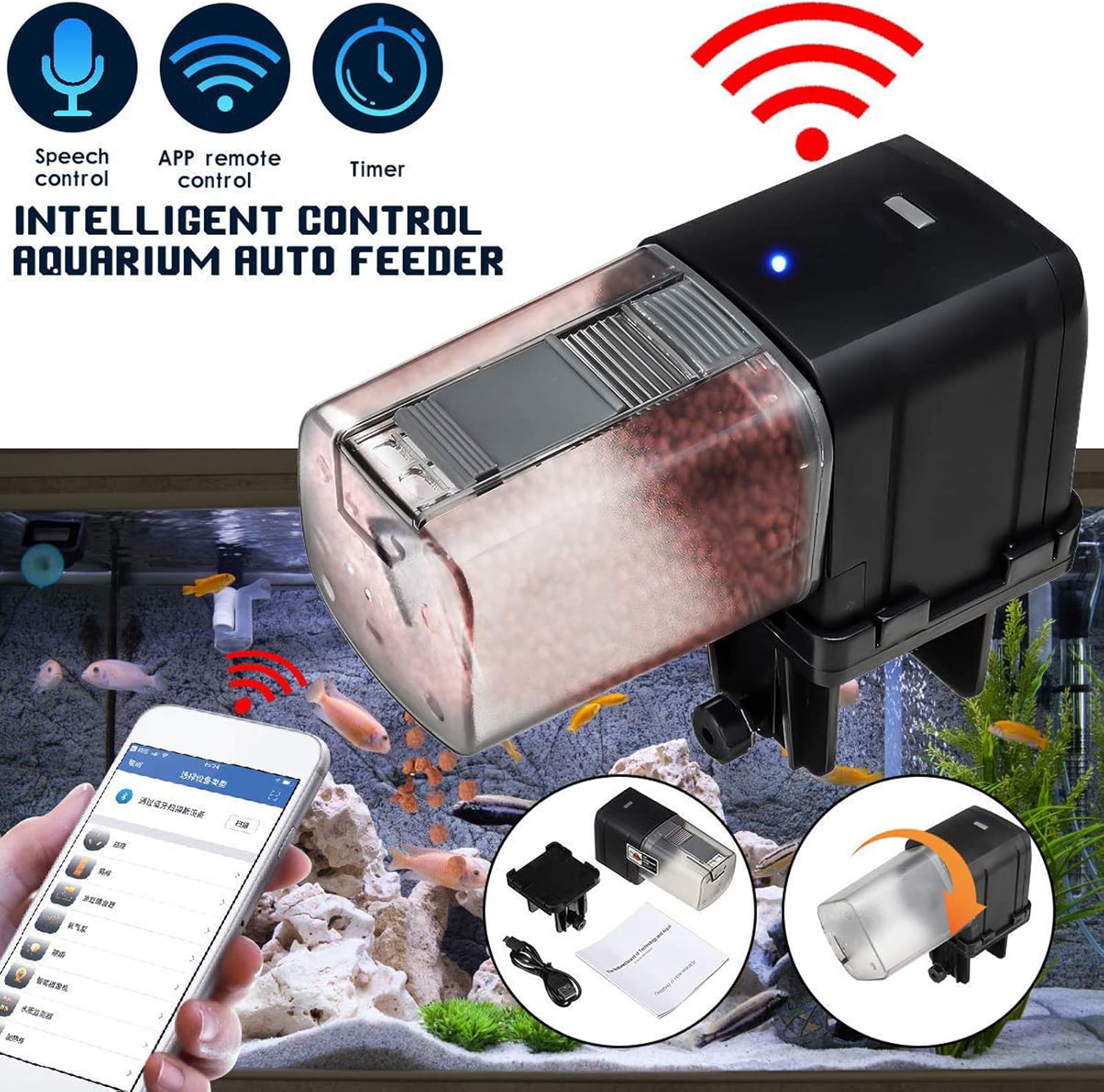 Lychee Distributeur Automatique d'aquarium, minuterie contrôlée par 2.4G Wi-FI, Distributeur de Nourriture pour Poissons avec écran LCD pour Aquarium (Noir)