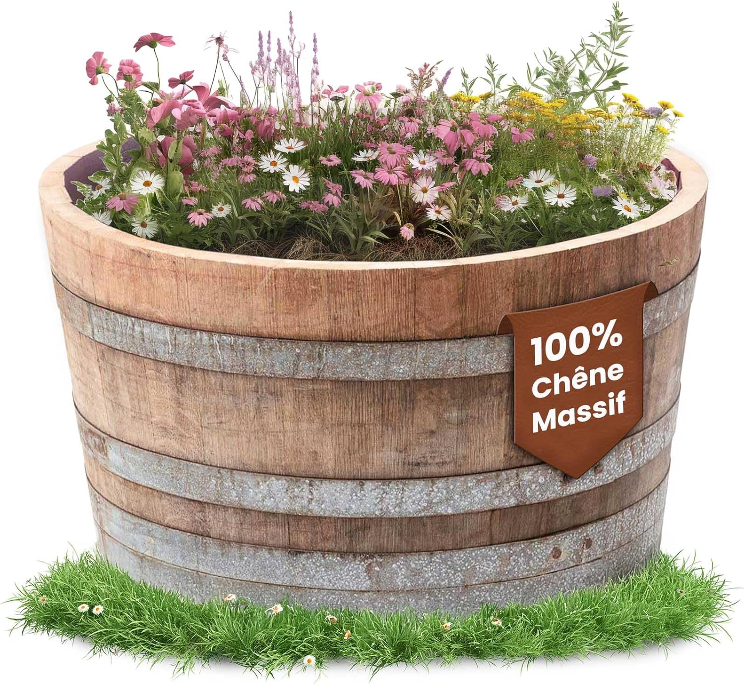 Temesso Demi-tonneau de vin en Bois de chêne- pôt de Fleurs ou Mini-étang (Mini-étang) Utilisation extérieure