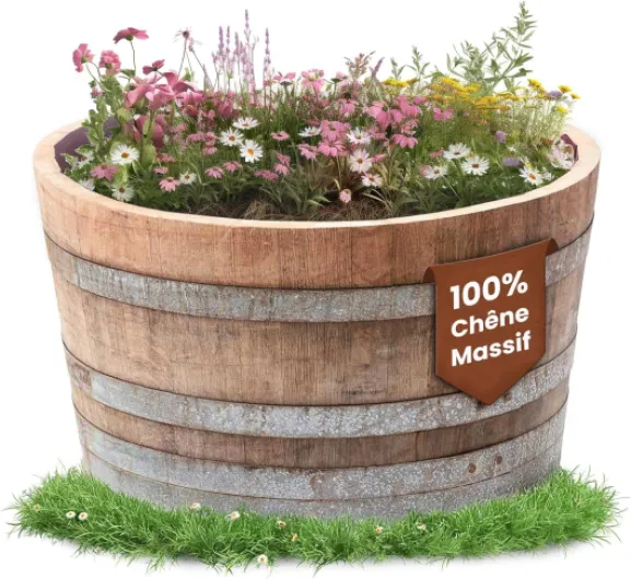 Temesso Demi-tonneau de vin en Bois de chêne- pôt de Fleurs ou Mini-étang (Mini-étang) Utilisation extérieure