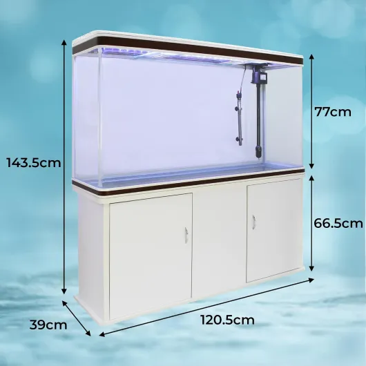 MonsterShop – Aquarium à Bords Blanc et Noisette de 300 litres, Meuble de Support Blanc, d’Une Dimension Totale de 143,5 cm de Haut x 120,5 cm de Large x 39 cm de Profondeur