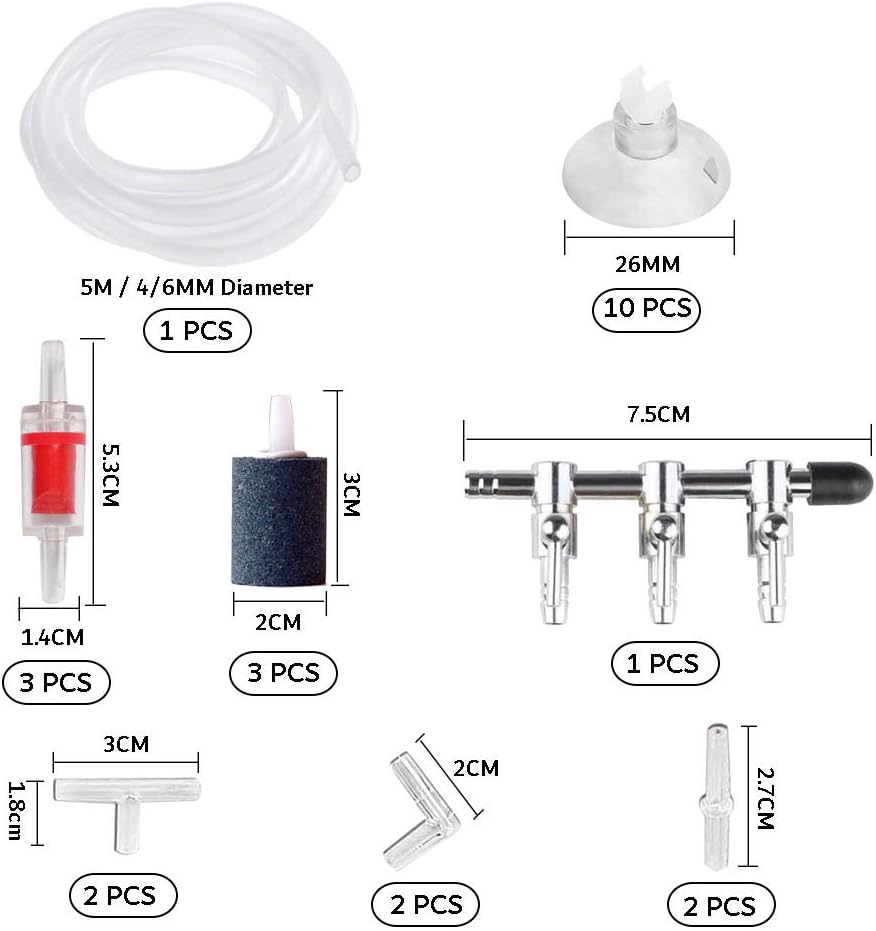 24 Pièces Accessoires de Pompe à Air pour Aquarium, 5 m Air Line Tube Tuyau, 10 Clips d'Aspiration, 3 Air Bubble Pierres, séparateur de pompe à air à 3 voies, 3 Valves de Contrôle et 6 Connecteurs