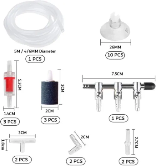 24 Pièces Accessoires de Pompe à Air pour Aquarium, 5 m Air Line Tube Tuyau, 10 Clips d'Aspiration, 3 Air Bubble Pierres, séparateur de pompe à air à 3 voies, 3 Valves de Contrôle et 6 Connecteurs