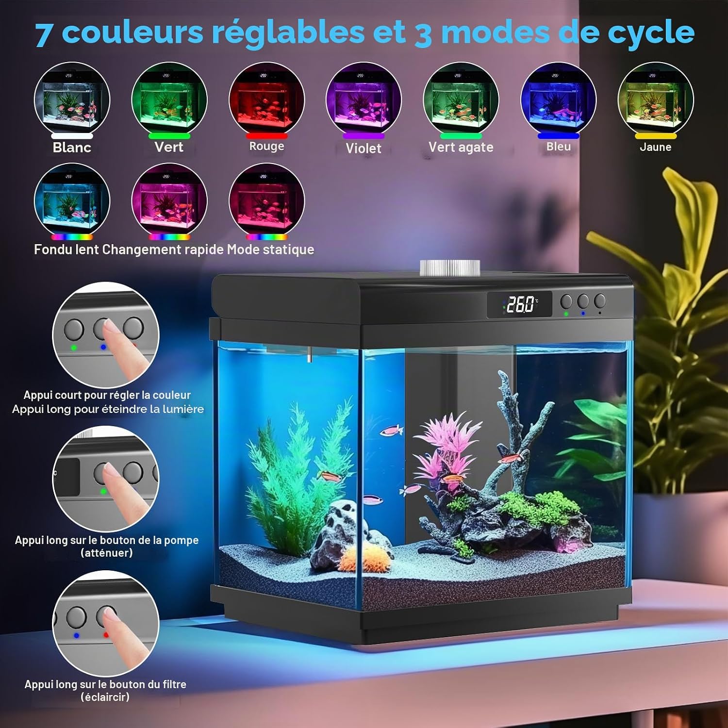 AQQA Kit de Démarrage Aquarium 14 L en Verre avec Filtre et Lumière LED, 10 Couleurs Réglables, Kit Auto-nettoyant Nano pour Poissons Tropicaux Betta 14L